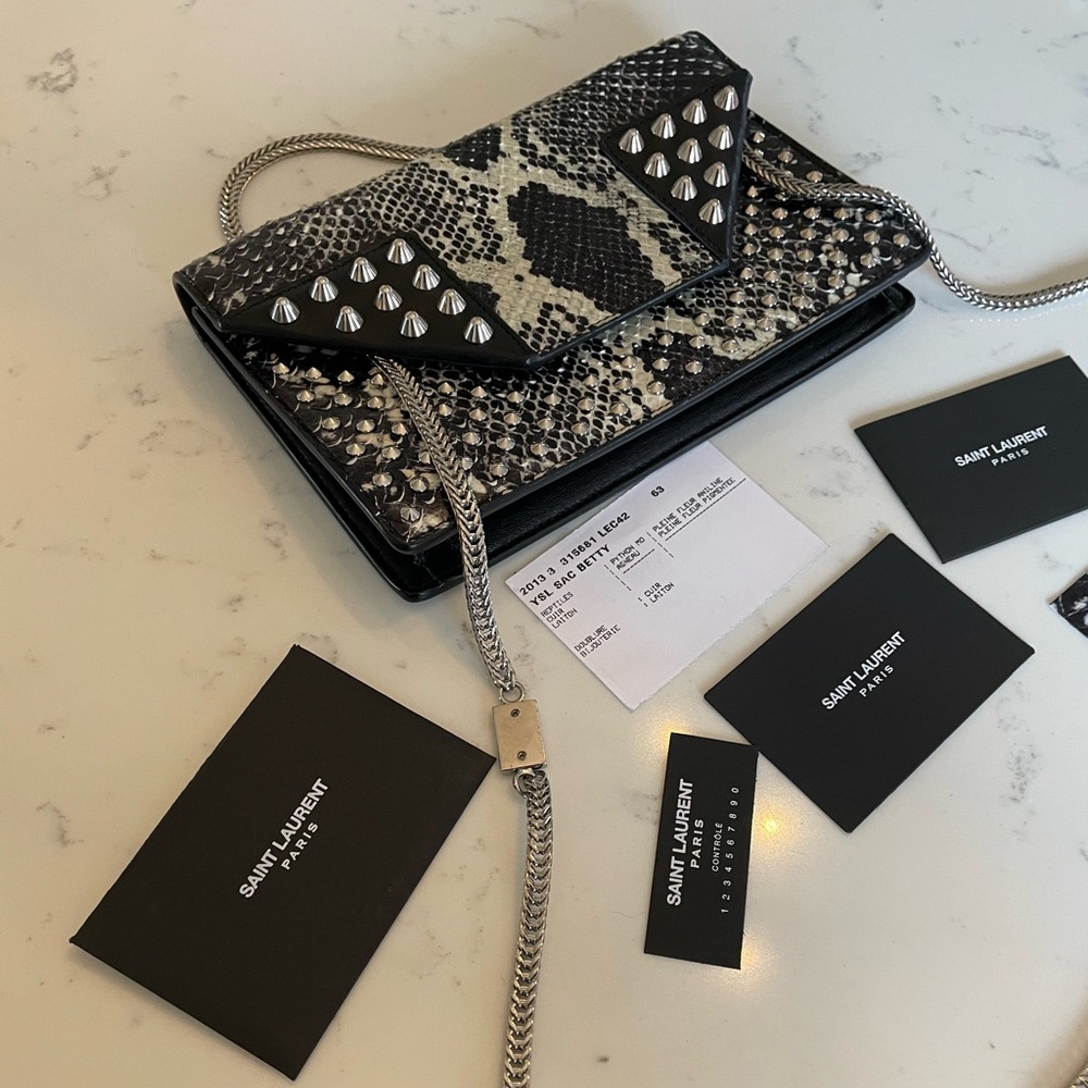 Saint Laurent Paris Black Studded Two Tone Python And Leather Betty Shoulder Bag - Picture 12 of 12